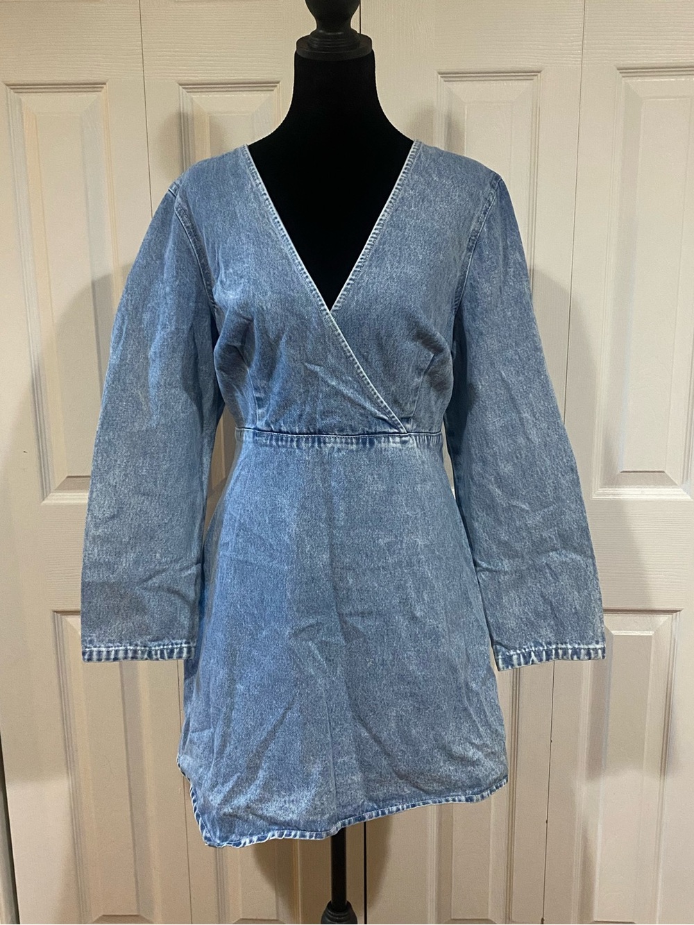 Light Blue Surplice Long Sleeve Denim Dress